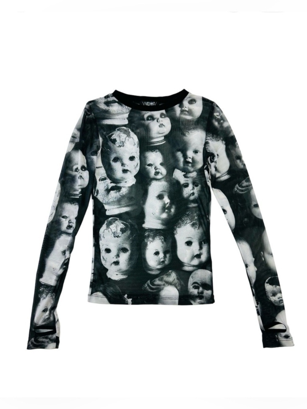 Creepy Doll Head mesh top Womens XS long sleeve Goth Punk Emo stretchy
